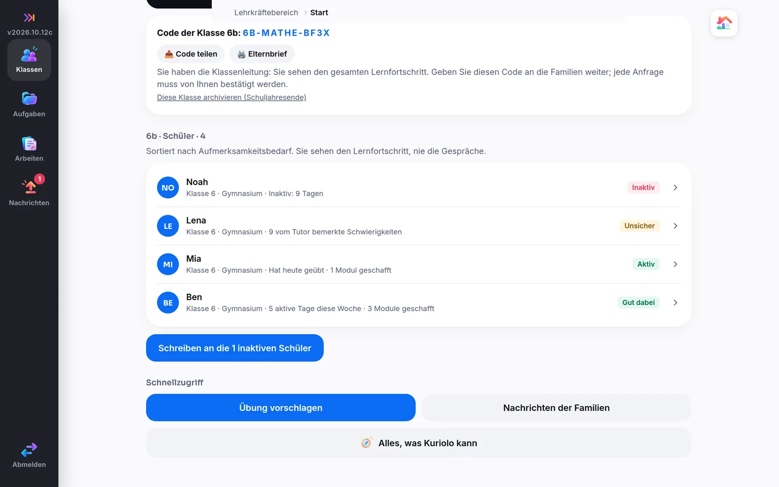 Lehrkräftebereich am Computer: die Klasse 6b, sortiert nach Unterstützungsbedarf
