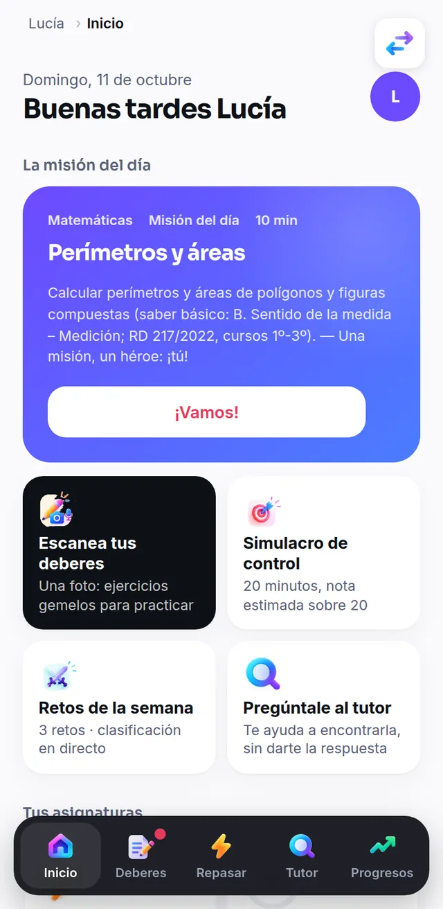 Tu inicio en el móvil: la misión del día y la foto de los deberes